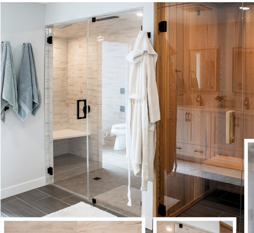 Frameless glass steam shower beside a custom cedar sauna in a spa-inspired primary suite bathroom by Elias Construction